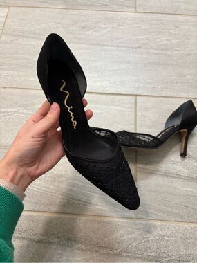Nina Black Pointed-Toe D'Orsay Heels with Mesh Detail